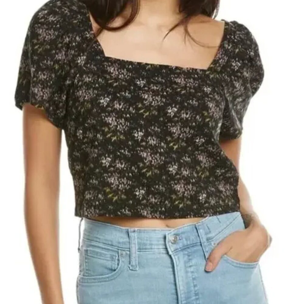 Madewell Hopewell Puff Sleeve Black Crop Top in Blurred Ikat Pattern Size XL